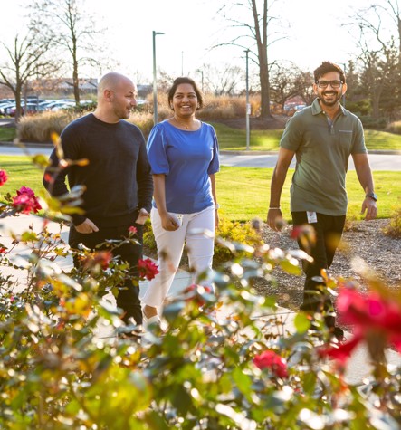 Three Discover employees walking through the campus 
