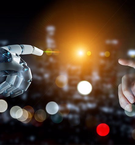 Robot finger reaching out to human finger